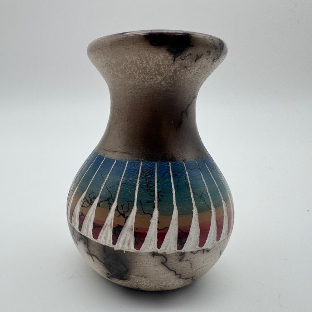 Vintage Horse Hair Pottery Vase Signed Sam Southwest Decor Navajo Style 3 1/8"